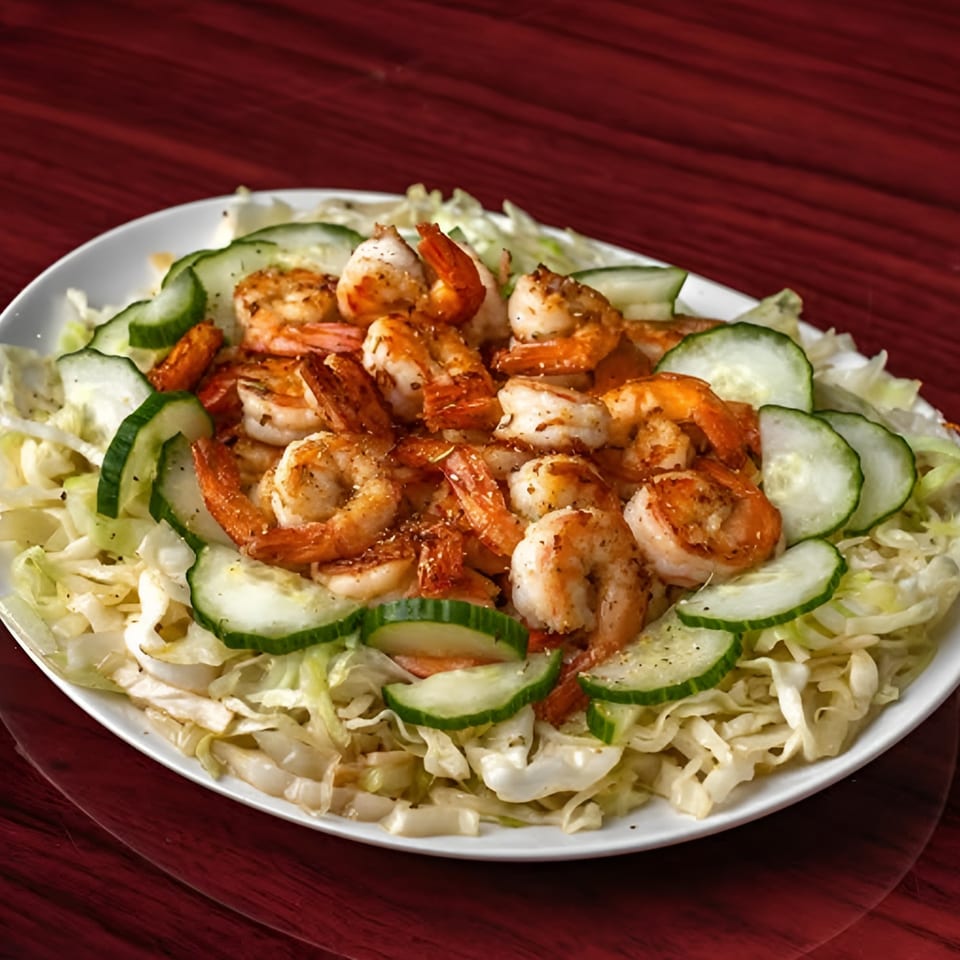 Grilled shrimp with sliced cucumbers and shredded cabbage on a white plate, Supreme Seafood & Suya.